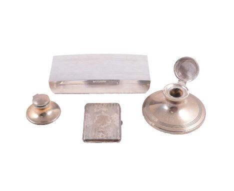 Silver cigarette box, W H Manton Ltd., Birmingham 1964, engine turned decoration, cedar lined, 21cm, two silver inkwells, eng