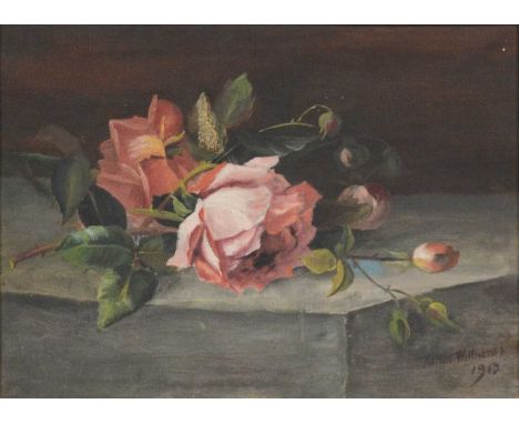 Tudor Williams, Still life of roses, 1912,signed and dated, oil on canvas, torn,31cm x 39cm.Condition report:Tear/damage is a