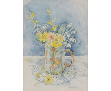 Tanya Tuckey,still life with jug of flowers,watercolour, signed,23x17cm,and other prints.