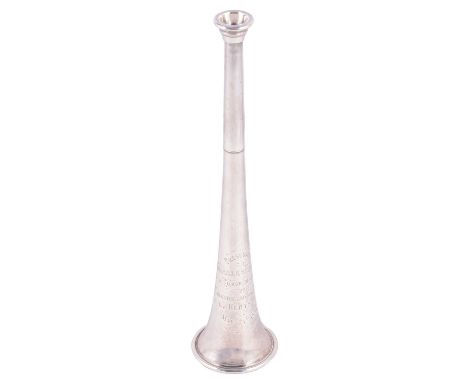 Victorian silver hunting horn, Augustus Kohler, London 1883, engraved presentation inscription, 25cm, 3.6ozt.Condition report