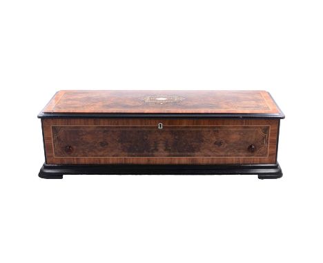 19th Century Swiss musical box, burr walnut box with stringing and crossbanding, inlaid lid, the movement with 21.5cm cylinde