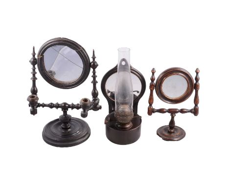 Two 19th century table mirrors, turned frames, one with twin candle branches, round mirrors, 40cm high (the mirror glass as f