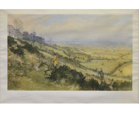 After Lionel Edwards, The Quorn Hunt, at Little Belvoir, signed colour print,29x49.5cm; another, The Cottesmore Hounds, looki
