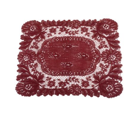 Victorian lace work handkerchief, burgundy silk, 33x25cm.