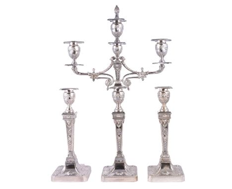 Walker &amp; Hall silver plated candelabra, three sconces, 62cm, and a pair of matching candlesticks, neoclassical design.Qty