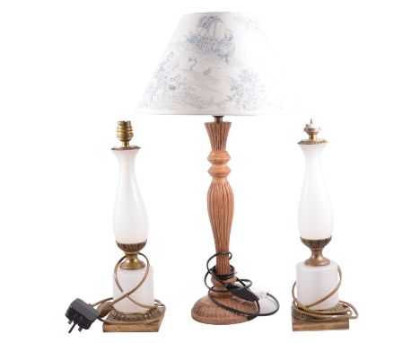 Pair of brass and glass table lamps, height 38cm, modern table lamp with shaed, pair of mirrored wall lights lacking fitments