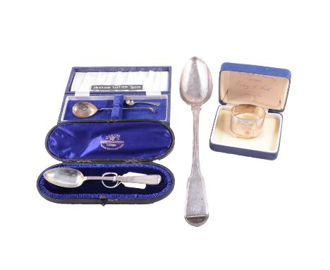 Silver basting spoon, Richard Crossley, London 1813, fiddle and thread pattern, 31cm, cased silver spoon, cased silver spoon 
