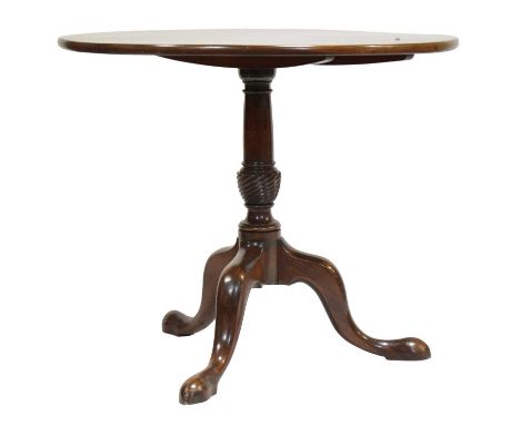 George III mahogany tripod table, circular tilt top, wrythen baluster column, tripod legs, width 86cm, depth 86cm, height 73c