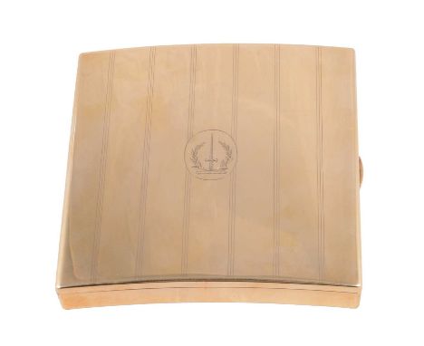 18ct Gold Cigar Box, by J.A.D., London, 1964, squared with rounded corners and slightly curved, with engine turned lines and 