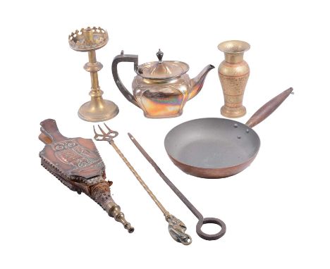 Collection of brass, copper and other metalwares, to include coal buckets, bellows with copper panel embossed with an owl, ca