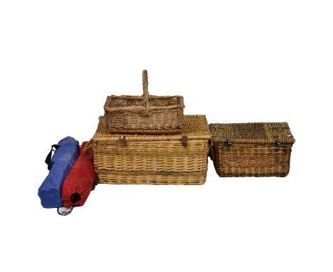 A large collection of wicker hampers and baskets, the largest 75 x 50cm; good quantity of modern picnic sets and glasses, the