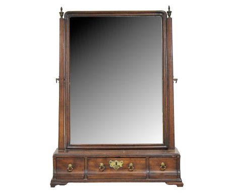 George III mahogany toilet mirror, rectangular plate with a moulded edge, plain uprights, platform with three dished drawers,