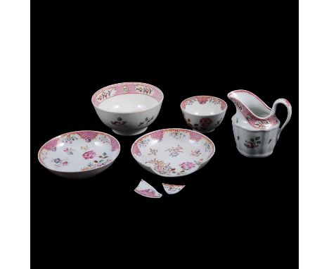 New Hall porcelain silver-shape milk jug, 9cm; a matching sugar bowl, 11.5cm diameter; similar tea bowl and two saucers, one 