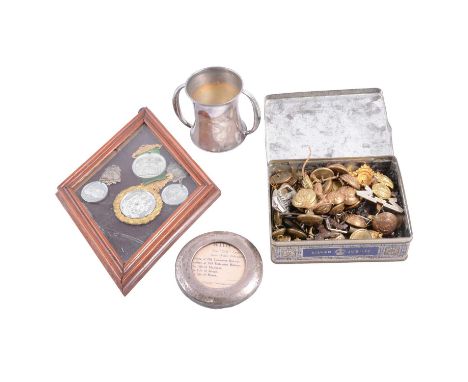 Framed arrangement of antimone commemorative medals, the Ancient Order of Foresters, a silver loving cup, 4.5ozt., small silv