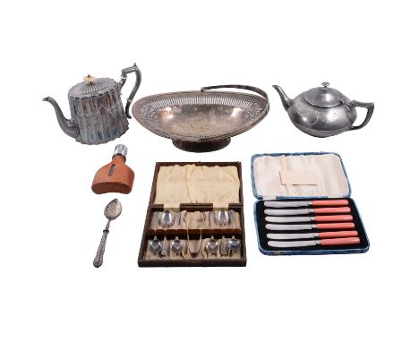 A quantity of silver-pated flatware, cased sets, knives with xylonite handles; EPBM teapot; plated bread basket; small amount