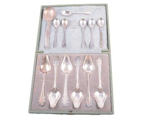 Set of six Danish Sterling silver spoons, Georg Jensen, Lily pattern, tear-drop bowls, 5.5ozt., cased; a Georg Jensen Cactus 