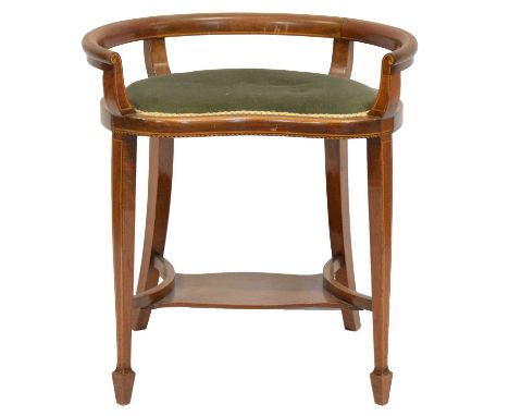 Edwardian inlaid mahogany kidney-shape dressing table chair, square tapering legs joined by an undertier, width 59cm, depth 3