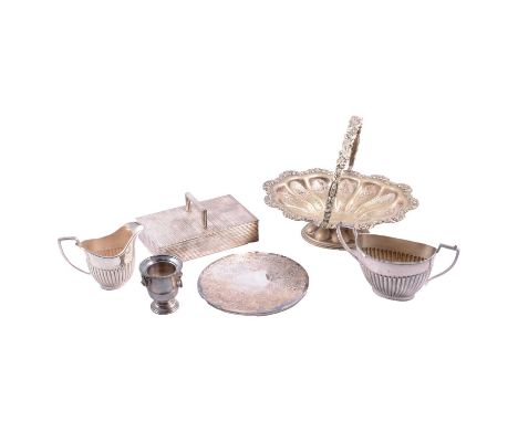 Quantity of silver-plated wares including reeded cigarette box, cased cutlery sets, four-piece semi-fluted tea set, coaster s