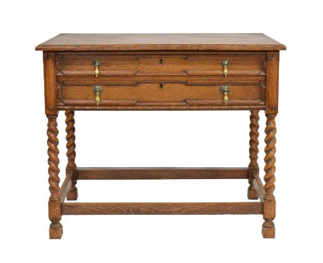 Oak two drawer cutlery table/ side table, beaded outline, fitted with two cutlery drawers, barley twist supports, joined by s