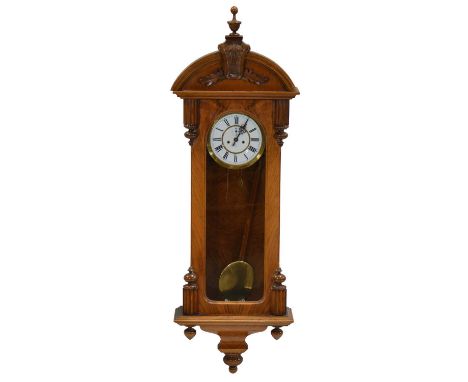 Walnut cased Vienna wall clock, white enamel dial, double weight driven movement by Gustav Becker, the case with segmentary h