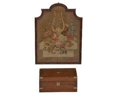 Victorian mahogany writing slope, brass bound corners, leather inset slope, width 35cm, depth 22cm; and a petit point fire sc