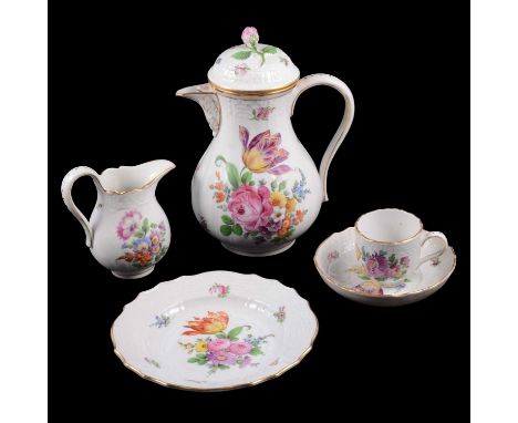 Vienna porcelain cabaret set, with coffee pot, four coffee cups and saucers, cream jug, sucrier, and six side plates, on a la