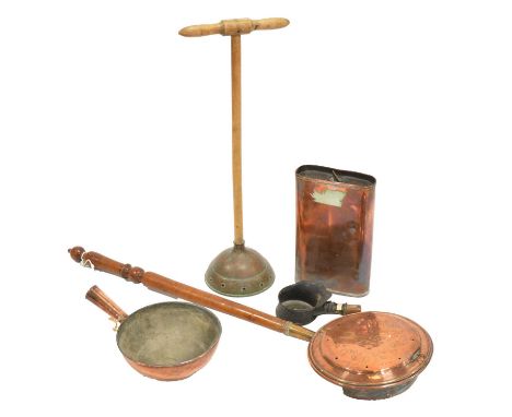 Box of copper and other metalwares including a large copper hotwater canister, 34.5cm; kitchenalia, warming pan, dolly, etc.