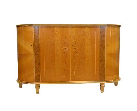 Scandinavian Art Deco elm and burr walnut sideboard, bowfront, plain top, marquetry inlaid doors enclosing a blonde wood inte