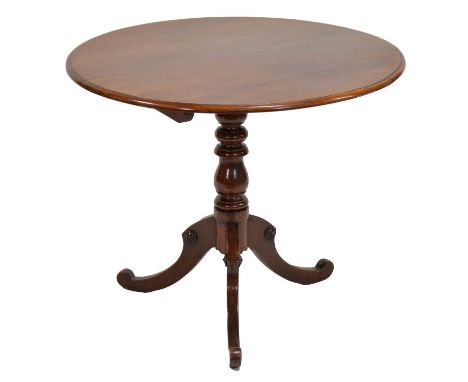 Victorian mahogany tripod table, circular tilt top with moulded edge, turned column, scrolled legs,diameter 91cm, height 85cm