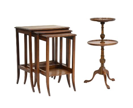 Small reproduction mahogany two-tier 'whatnot' stand, on tripod legs, diameter 32cm, height 70cm; and a nest of three tables 