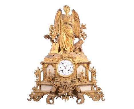 French gilt metal mantel clock, La Loi, modelled with an angel of victory, the base with alabaster panels and emblems, white 