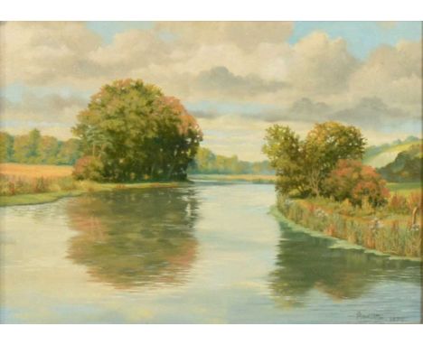 V.J. Hamilton (20th century), Autumn on the Test, and another riverscape,oil on canvas board, signed and dated 1979,30x40cm, 
