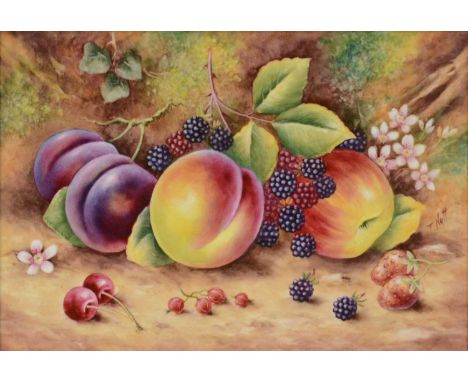 Worcester style porcelain plaque, painted with fruit against a mossy bank by Terrence Nutt, framed, overall 22x29.5cm.
