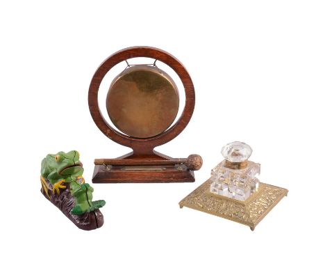 Collection of assorted decorative wares including a Victorian brass inkwell with heavy cut glass bottle; table gong; two mode