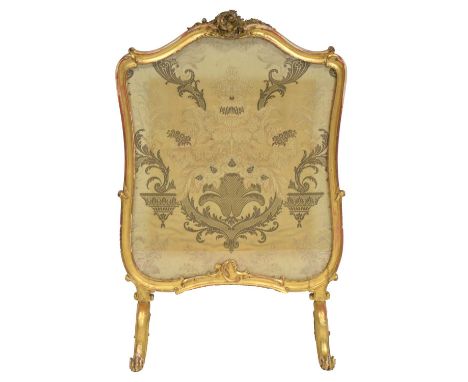 Gilt wood fire screen, Louis XV style, brocade panel, width 65cm, depth 30cm, height 97cm.