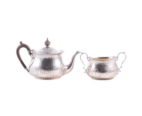 Silver teapot and sugar bowl, Martin, Hall &amp; Co, London 1880 and 1883, the teapot with sbonise handle and finial, 12cm, t