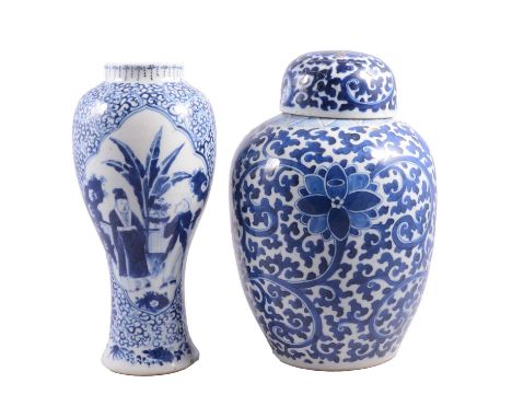 Chinese blue and white ginger jar, scrolling floral design, 4-character mark, 26cm (cover as found), and a blue and white bal