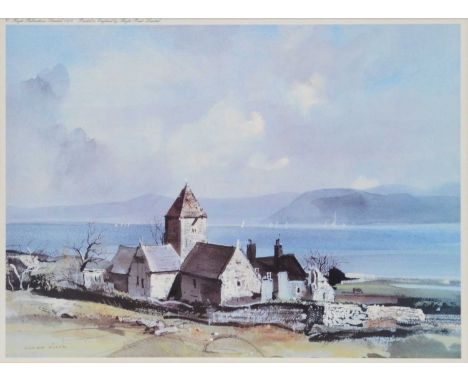 John Archbould,Welsh valley landscape,oil on paper, signed,24x34cm,Rowland Hilder print; two Ian Baxter prints.