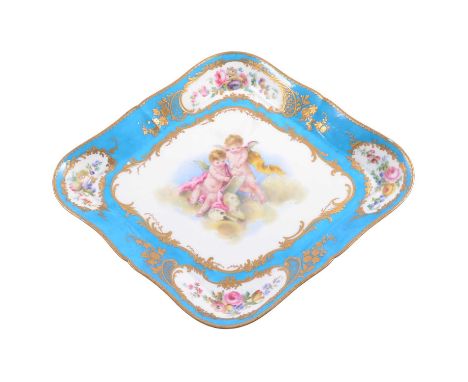 Sevres style lozenge-shape dressing table tray, Bleu Celeste border, decorated with cherubs on billowing clouds, painted blue