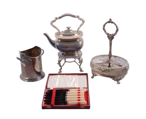 Three large boxes of assorted silver plate including trays, cruet stands, assorted flatware, kettle on stand, entree dishes, 