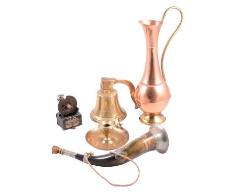 Automatic pencil sharpener; a Primus stove; old copper kettle, on a brass trivet; brass jam pan; copper mug stamped 'The Cast