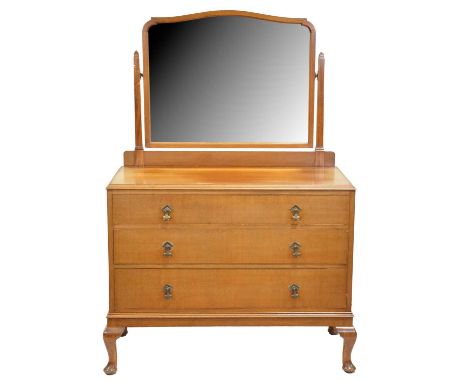 Bleached mahogany dressing chest, labelled Sidney J Whitehead, Leicester, with a mirror back, three drawers under, on short c