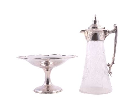 Edwardian cut glass claret jug with silver plated mounts, hinged lid, scrolled and beaded handle, tapering glass body, 30cm, 