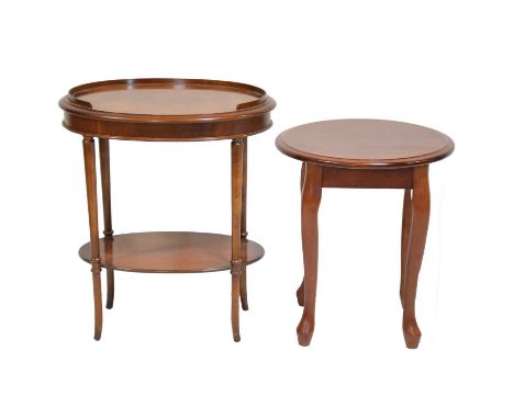 Reproduction mahogany inlaid coffee table,106x46cm, height 46cm, inlaid lamp table, 51x51cm, height 48cm, small gallery table