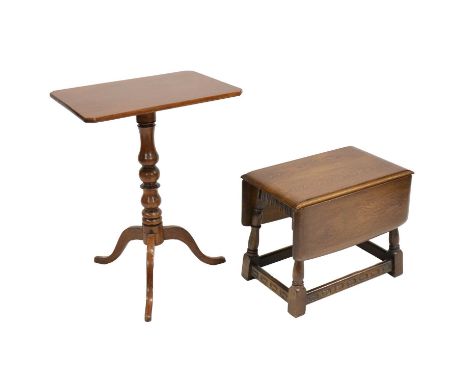 Victorian walnut tripod table, rectangular tilt top,53x37cm, height 71cm, and a modern oak coffee table, width 28cm, extended