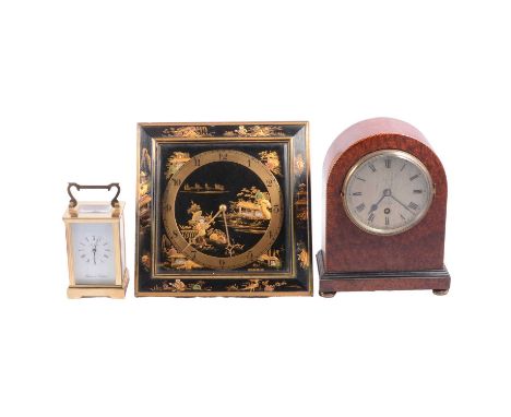 Black chinoiserie strut clock, 24cm; Metamec St James modern timepiece carriage clock, 15cm; and Maple of London domed top si