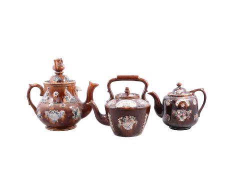 Small collection of Measham bargeware, including a large teapot, "Mrs A Sibson, Swannington, from Jack", 30cm, another teapot