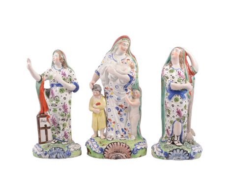 Three matched Staffordshire pearlware figures, Faith, Hope and Charity, circa 1810, conventionally modelled, Charity nursing 