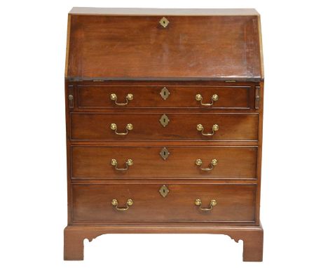 George III mahogany bureau, fall front enclosing a fitted interior, four long drawers under, on bracket feet, width 86cm, dep