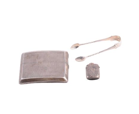 Silver cigarette case, engine turned and engraved, a silver vesta case and a pair of silver sugar tongs, total weight 5ozt.